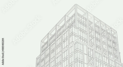 Modern Office Building Exterior Viewed from Below.