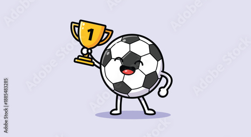 Cute Soccer Ball Character Holding a Number 1 Trophy.
