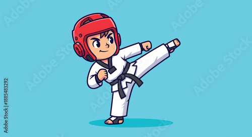 Cute Taekwondo Kid Performing High Kick Cartoon.