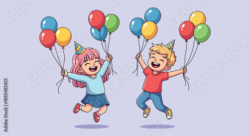 Happy Children Celebrating Birthday with Balloons and Party Hats Illustration 