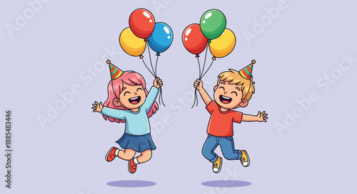 Happy Children Celebrating Birthday with Balloons and Party Hats.