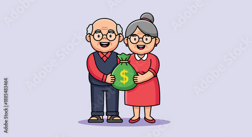 Happy Elderly Couple Holding a Bag of Money Illustration 