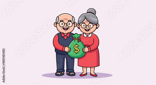 Happy elderly couple holding a money bag with dollar sign.
