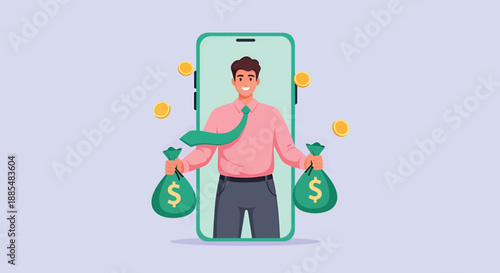 Man holding money bags in front of smartphone screen.