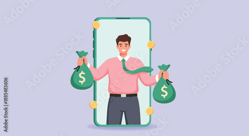 Man Holding Money Bags Emerging from Smartphone Screen Illustration .