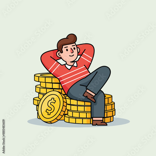 Man Relaxing on a Large Stack of Gold Coins.