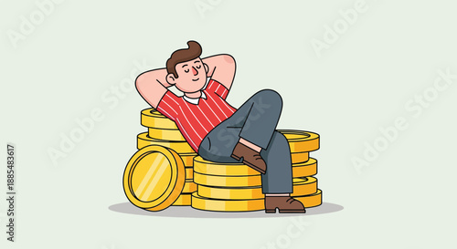 Man Relaxing on Stack of Gold Coins Illustration .