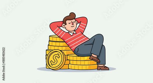Man Relaxing on Stack of Coins Symbolizing Financial Success.