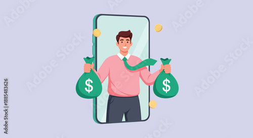 Man Holding Money Bags Emerging from Smartphone Screen.