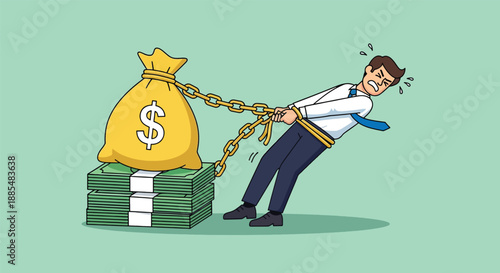 Man Struggling to Pull Heavy Bag of Money Tied with Chain.