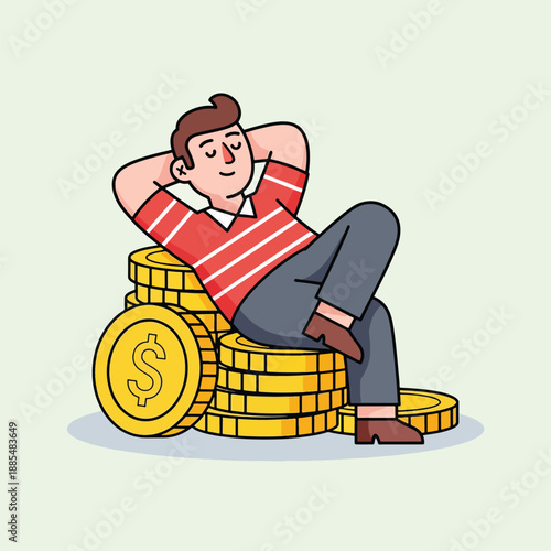 Man Relaxing on Stack of Gold Coins.