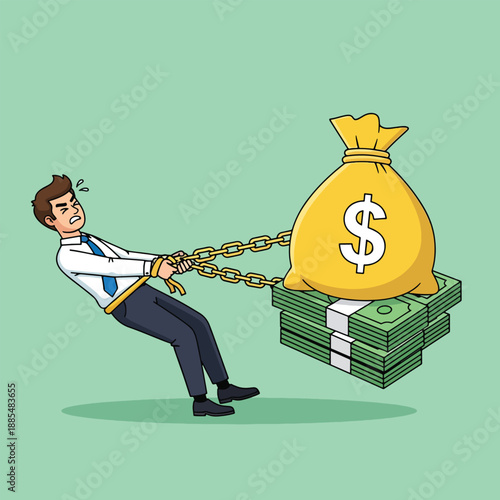 Man Struggling to Pull Heavy Bag of Money and Stack of Cash.