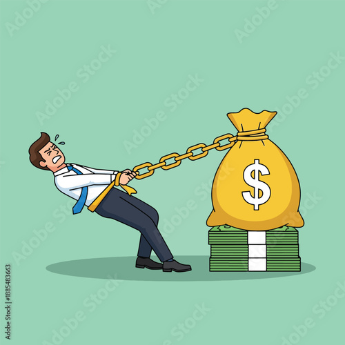 Man Struggling to Pull Heavy Bag of Money with Chain.