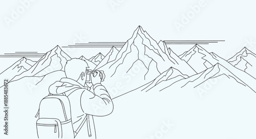 Hiker with Backpack and Camera in Mountains.