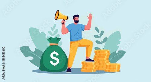 Man with Megaphone and Money Bag Celebrating Financial Success.