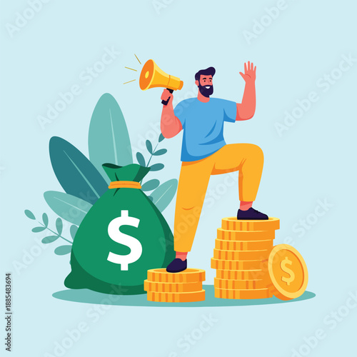 Man with Megaphone Standing on Coins Near Money Bag.