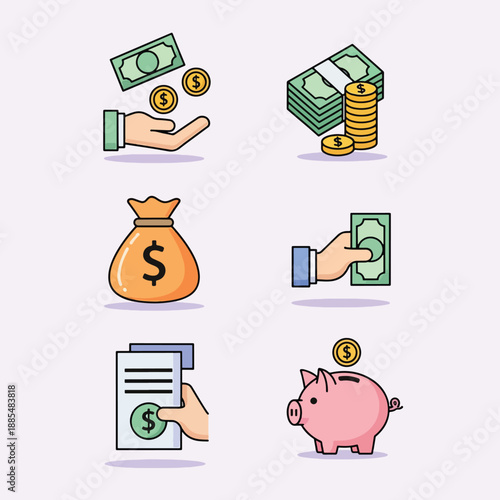 Set of finance and money icons with dollar symbols.