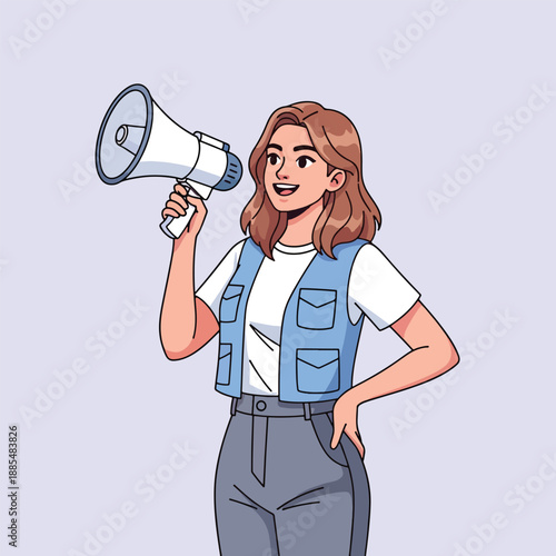 Woman holding a megaphone announcing something important.