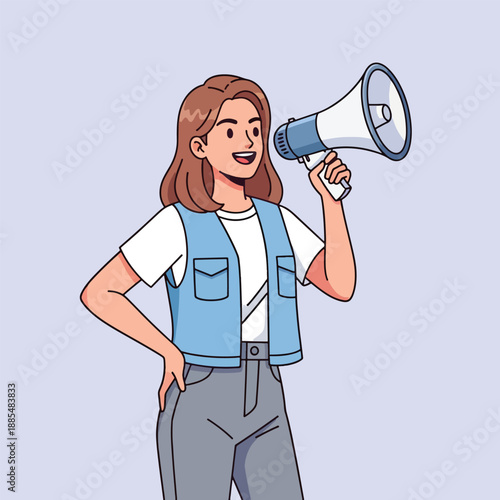 Woman holding a megaphone announcing something important Illustration .