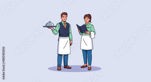 Restaurant staff serving customers with food and menu.