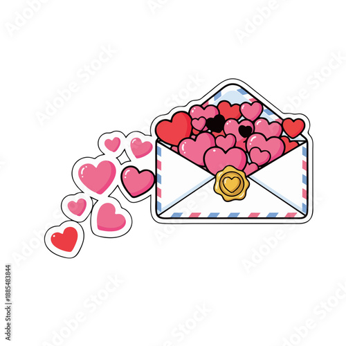 Colorful hearts spilling out of an open envelope with golden seal