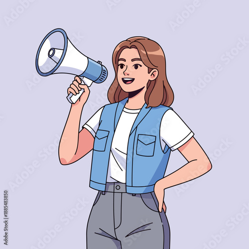Woman Holding Megaphone Announcing News.