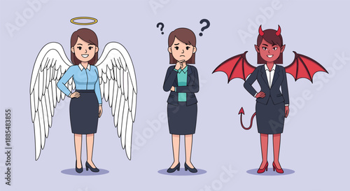 Woman Torn Between Angelic and Demonic Choices.