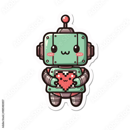 Cute robot holding heart with blush cheeks in modern illustration