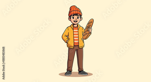 Young Boy Holding Freshly Baked Baguette Bread.