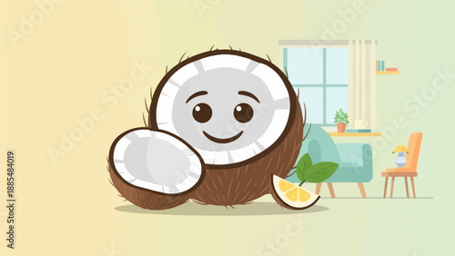 Cheerful cartoon coconut half smiles with a lemon wedge and leafy garnish