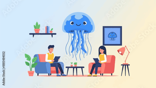 Cheerful cartoon jellyfish floats above people in a cozy room