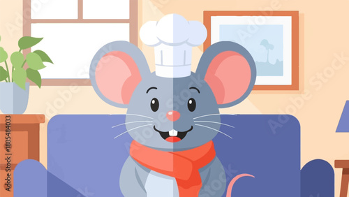 Cheerful cartoon mouse chef wearing a hat and scarf sits on a sofa