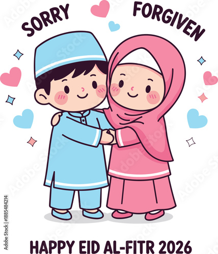 Children celebrating Eid al-Fitr 2026 with forgiveness theme, traditional attire, festive icons, joyful greeting, flat vector illustration