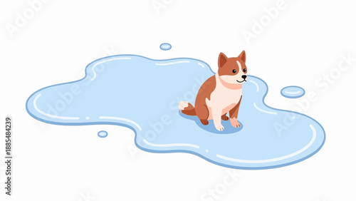 Cartoon dog sits in a light blue puddle on a white background