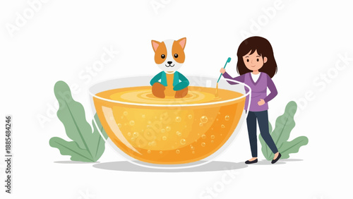 Cartoon dog sits in orange liquid in a bowl, girl stirs with brush