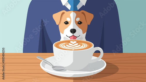Cheerful dog in a suit offers a latte with latte art on a table