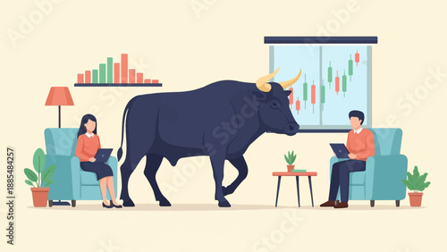 Bull market concept two people using tablets with bull and stock charts