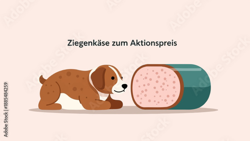 Cartoon dog watches a slice of sausage with pink speckled center