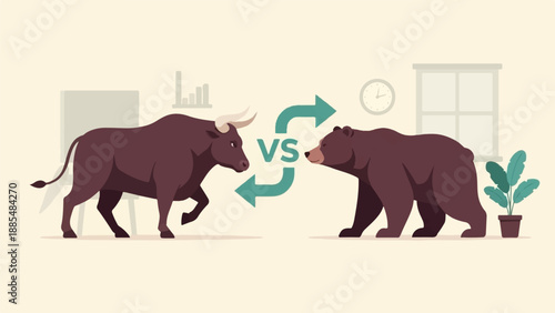 Bull vs Bear battle in a minimalist office setting with charts, clock and plant