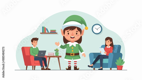 Cheerful elf greets people working and relaxing in cozy indoor setting
