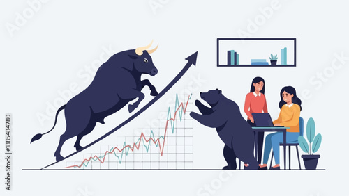 Bull market trend with investors using technology, a bear market symbol