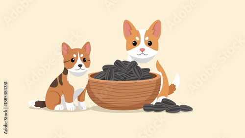 Cartoon dogs and a cat sit by a bowl of sunflower seeds