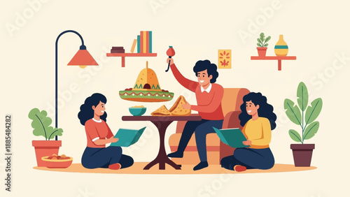 Cheerful family enjoying books and snacks together in a cozy indoor setting