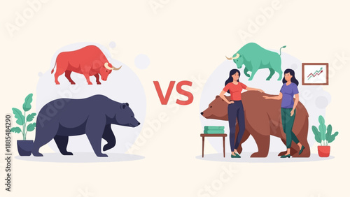 Bulls and bears juxtaposed with women interacting with a large brown bear