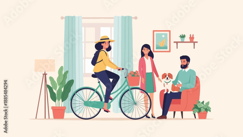 Cheerful family enjoying indoor scene with bicycle and pet