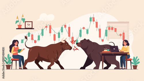 Bull and bear face off with stock market graph and traders present