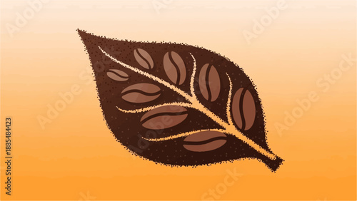 Brown leaf shape filled with coffee beans and ground coffee