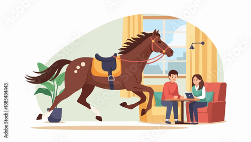 Brown horse leaps past two people working on laptops at a table indoors
