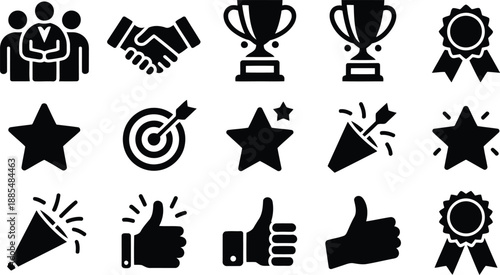 A comprehensive set of black icons illustrating winning, achievement, teamwork, and celebratory recognition