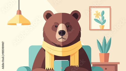 Brown bear in cozy room wearing scarf, holding tablet